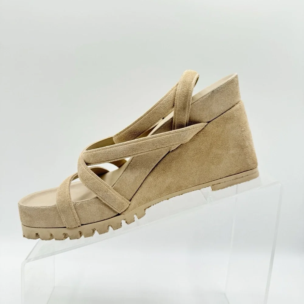 Pedro Garcia Jodie Suede Wedge Sandal Ankle Strap Heel Beige Size 35.5 5.5 $595